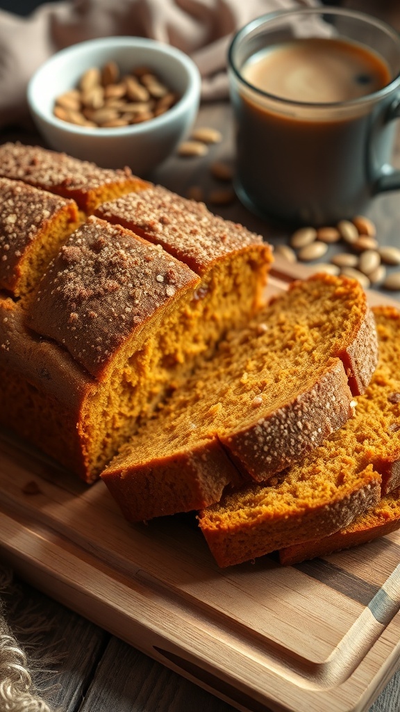 Easy Pumpkin Bread Using Cake Mix A golden loaf of pumpkin bread sliced on a wooden board, with coffee and pumpkin seeds in the background.